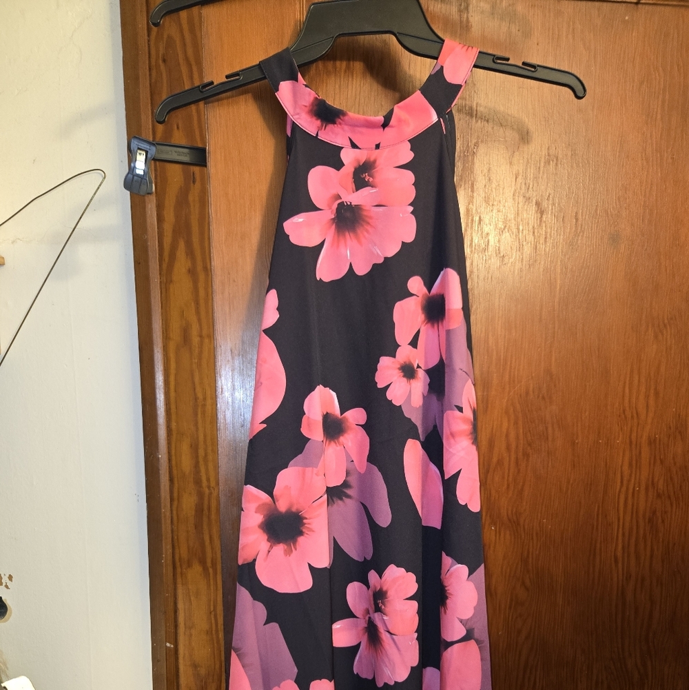 Black Choker Maxi Dress with Bold Pink Floral Print